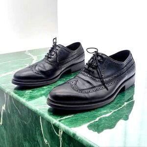 Johnston And Murphy Sz 9.5 Black Sheepskin Leather Duvall Oxford Wingtip Shoes